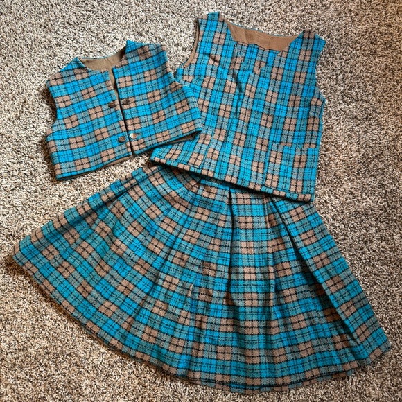 Vintage Dresses & Skirts - Vintage 60s three piece set blue tan plaid tweed top vest and skirt XS-small